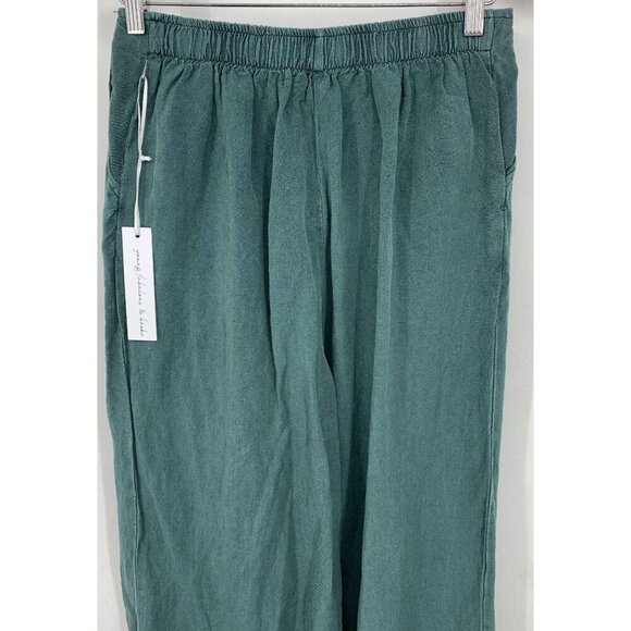 Young Fabulous Broke Wide Green Linen Pants Slits Stretch Waist Size Medium New - Picture 3 of 11
